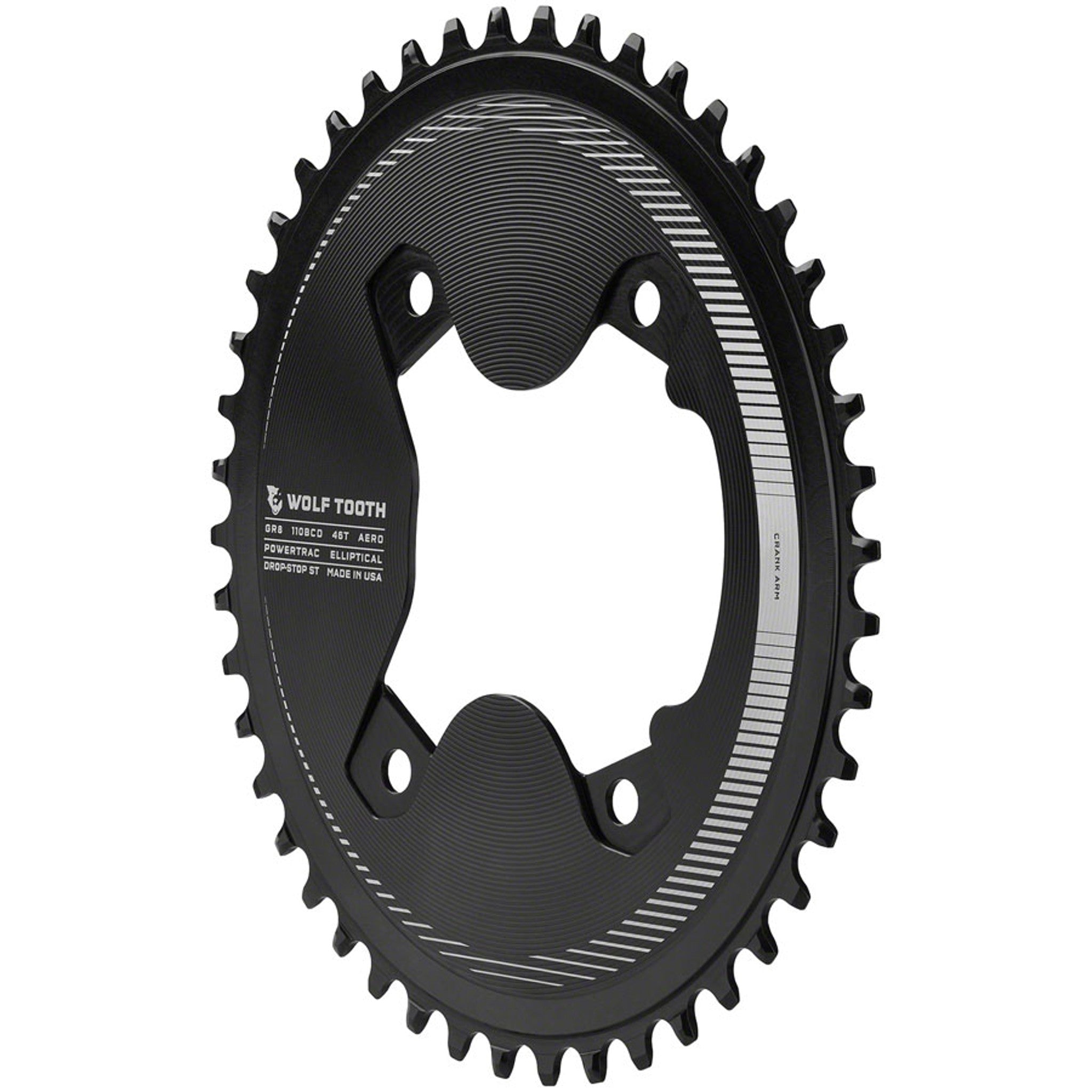 Elliptical Aero 110 Asymmetric BCD Chainring - 46t, 110 Asymmetric BCD, 4-Bolt, Drop-Stop ST, For Shimano GRX 800 Series, Black