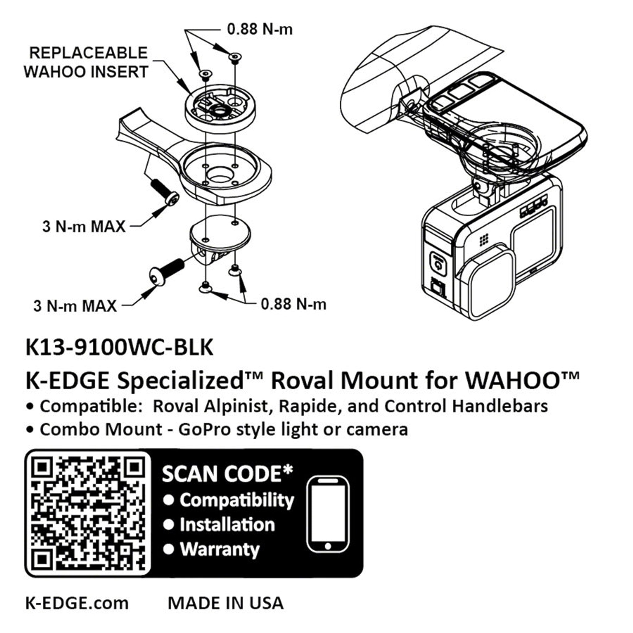K-EDGE Wahoo Specialized Roval Combo Mount - Black Anodized, Compatible up to Garmin 1050