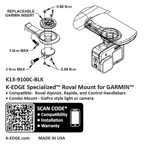 K-EDGE Garmin Specialized Roval Combo Mount - Black Anodized, Compatible up to Garmin 1050