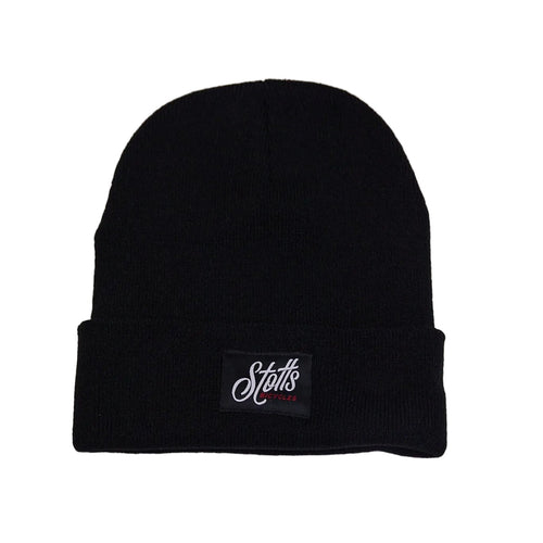 Black beanie with a logo on a white background