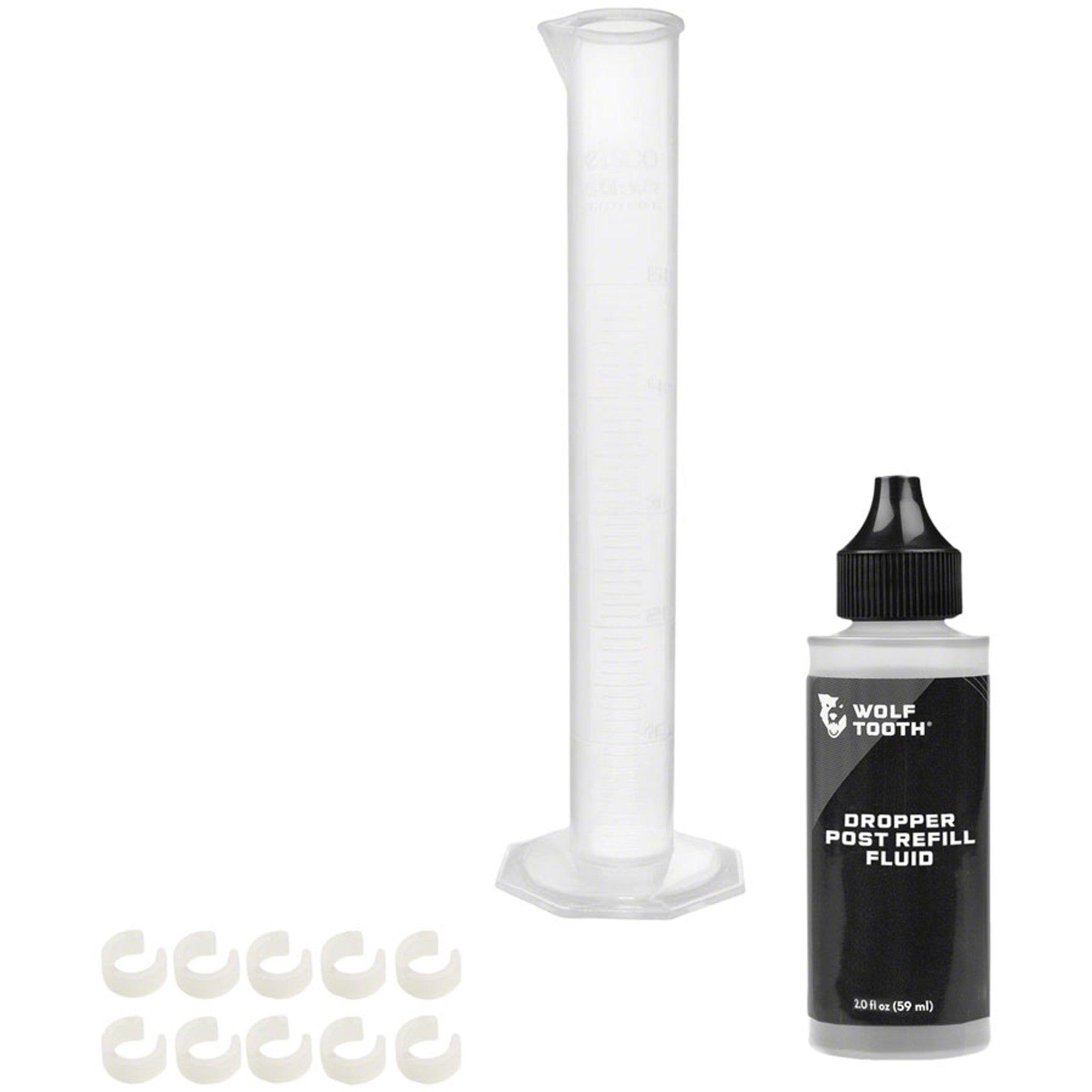 Resolve Dropper Post Service Kit - Refill Fluid 2oz, Graduated Cylinder, 10 Travel Adjustment Spacers