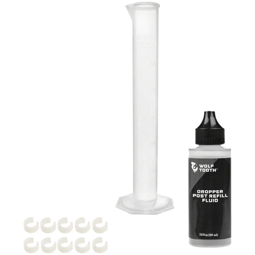 Resolve Dropper Post Service Kit - Refill Fluid 2oz, Graduated Cylinder, 10 Travel Adjustment Spacers